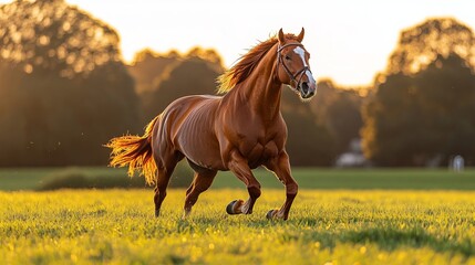 Chestnut horse is running freely across a sunlit grassy field with trees blurred in background.