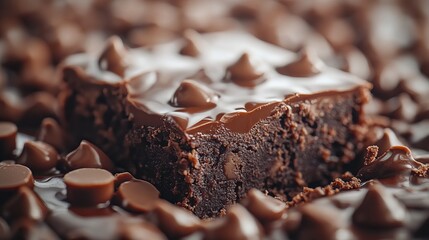 Chocolate brownie covered with fudge and chocolate chips sits amidst a scattering of more chocolate chips.