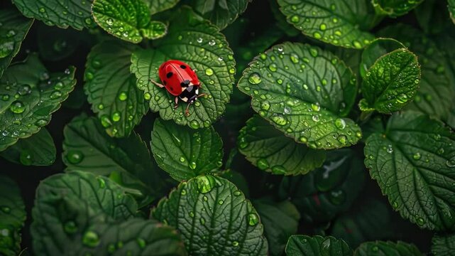 A captivating view of a ladybug on a wet leaf