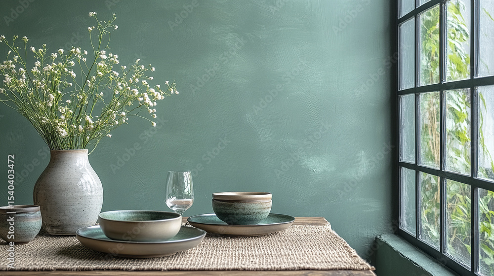 Poster minimalist dining setup with soft green wall and elegant tableware, creating serene atmosphere