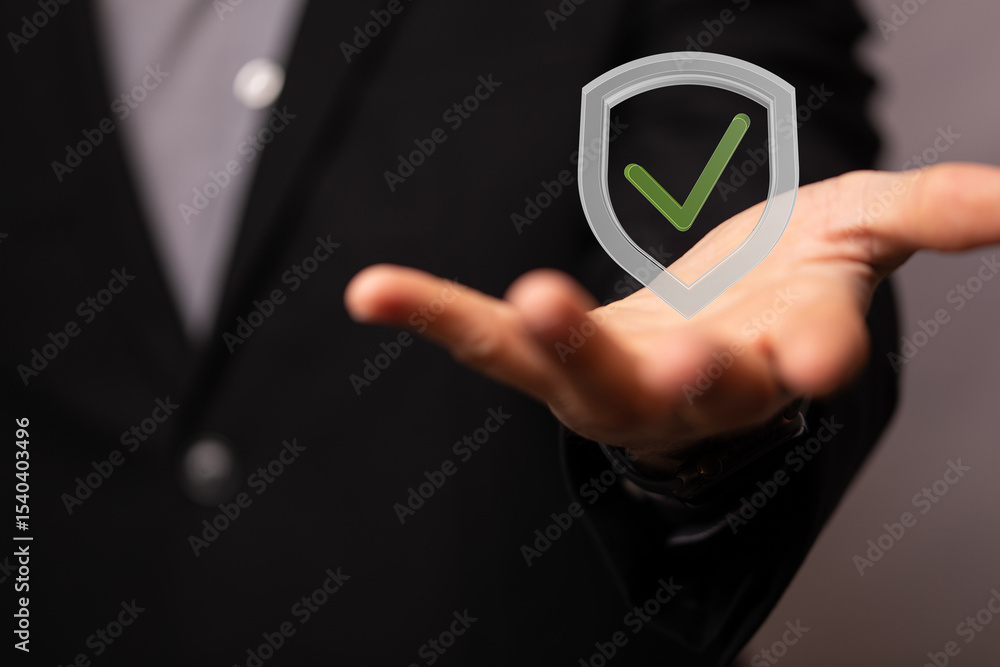 Aufkleber image of a person in a suit holding a digital shield with a check mark, symbolizing security and tru