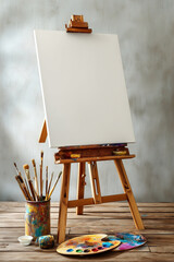 A blank canvas on an easel, with brushes and palette next to it, ready for creative expression of emotions