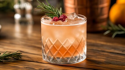 Cocktail sits in a patterned glass filled with ice, raspberries, and rosemary on a wooden table.