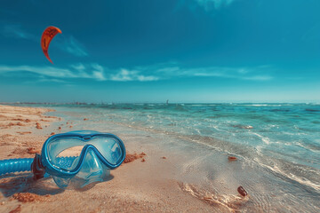 A blue diving mask and snorkel tube lie on the sand, with a blue sky and green sea in the background