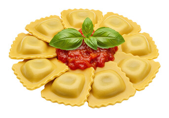 Isolated Ravioli with Tomato Sauce and Basil