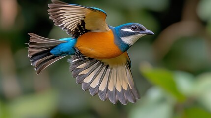 Colorful bird is flying with wings spread against a blurred green leafy background.