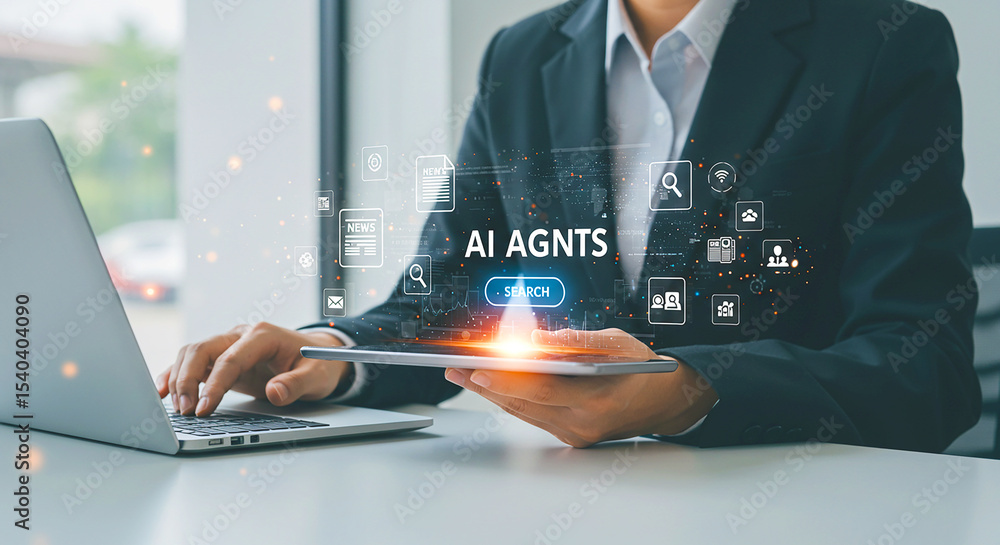 Poster person using laptop and tablet with ai agents and search button overlayed on the screens and icons