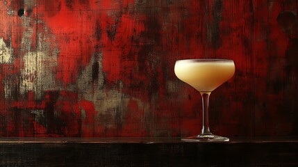 Cocktail sits in a stemmed glass on a dark wooden surface against a textured red backdrop.