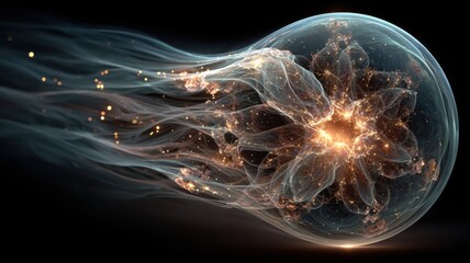 Abstract luminous sphere with flowing tendrils and glowing particles