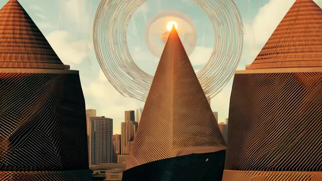 Futuristic cityscape with surreal architecture and flying structures at sunset