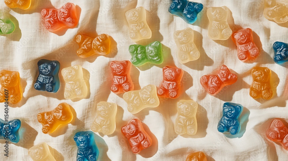 Poster colorful gummy bears are scattered on a textured white fabric surface in a random pattern under soft