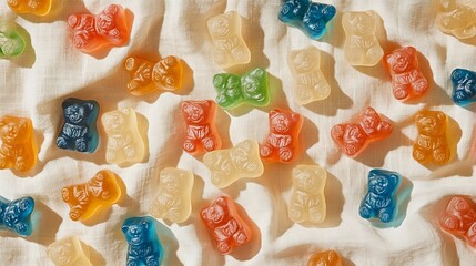 Colorful gummy bears are scattered on a textured white fabric surface in a random pattern under soft lighting.