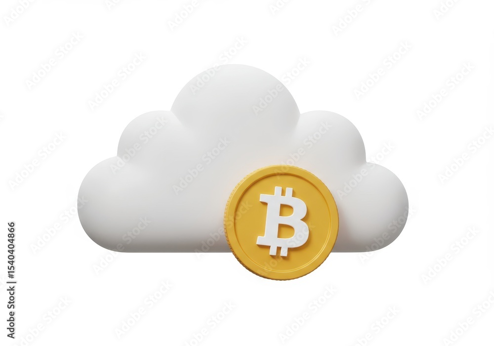 Poster bitcoin coin with white cloud on white background, 3d rendering