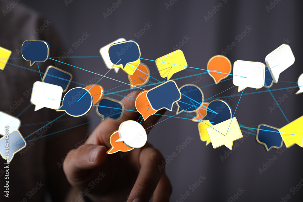 Poster Image of interconnected speech bubbles, symbolizing global communication and networking.