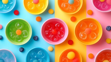 Colorful Jell-O desserts sit in assorted bowls, each containing floating spheres, arranged on a vibrant multi-toned background.