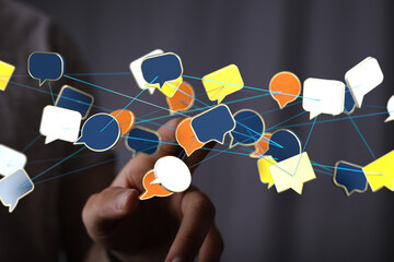 Image of interconnected speech bubbles, symbolizing global communication and networking.