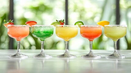 Colorful margaritas sit lined up with various fruit garnishes and a sugar rim on a bright surface.