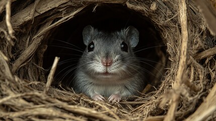Cute gray hamster sits inside a cozy nest made of dried grasses and twigs, peering directly at the camera!