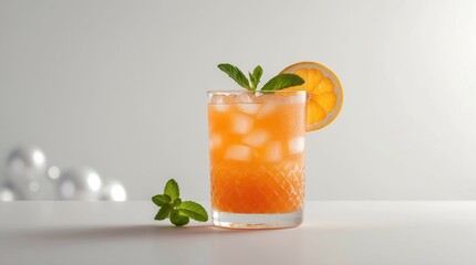 Fototapeta premium Refreshing Orange Drink with Ice and Mint in Glass