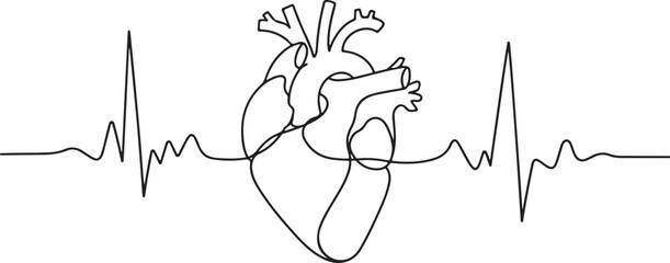 Fototapeta premium Continuous line drawing of human heart with EKG waveform in minimalist medical diagram style on white background