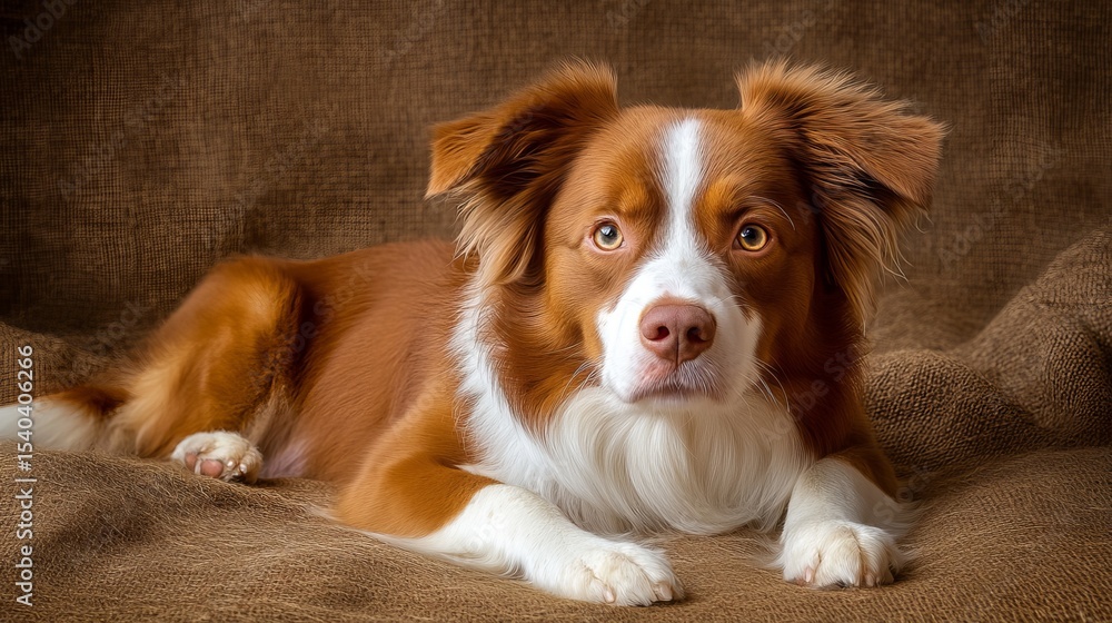 Poster dog is resting on a brown textured surface, looking directly forward with a serene and focused expre