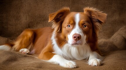 Dog is resting on a brown textured surface, looking directly forward with a serene and focused expression.