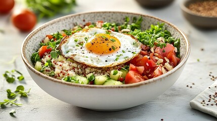 Egg sits atop a quinoa bowl with tomatoes, cucumbers, and greens, sprinkled with herbs and nuts in a speckled ceramic bowl.