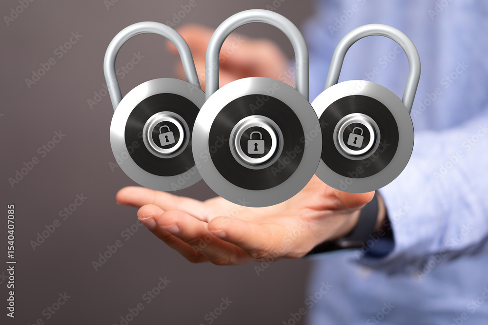 Poster image of three padlocks in hands, symbolizing data security and online safety.