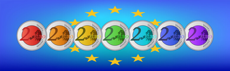 Vector set of colored rainbow iridescent coins of European Union, denomination of 2 euros. Money of Europe. Collection. Hobbies and numismatics. Design elements. Two