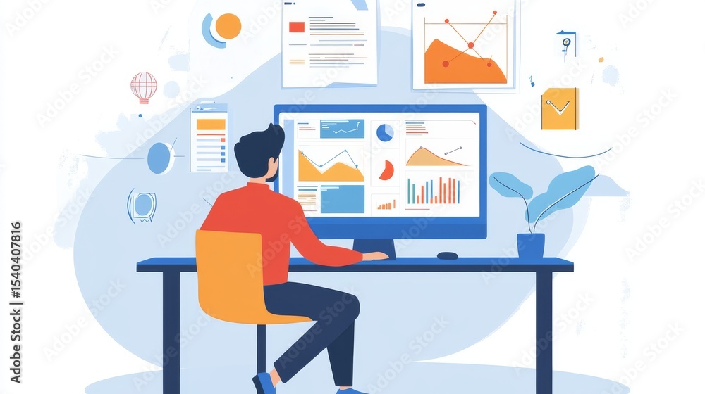 Poster business professionals analyzing financial report with digital charts and data visualization on lapt