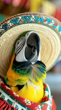 Colorful macaw parrot wearing a traditional sombrero hat and festive serape costume for a cultural celebration, showcasing vibrant feathers.