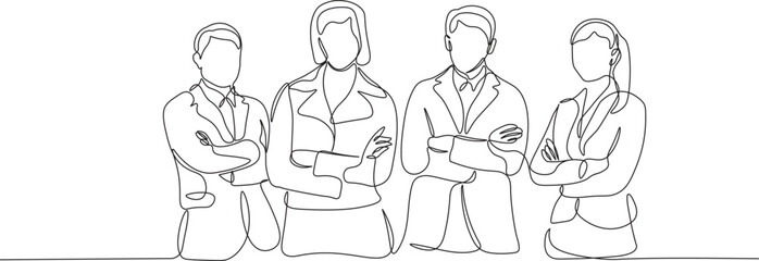 Employees standing confidently in continuous line drawing style. Healthy employee relationship sketch in minimalist black lines isolated on white background. Vector illustration