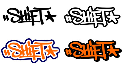 Obraz premium Graffiti tag vector of the word “SHIFT” in bold street style with orange, black, and white. Includes 4 unique styles. Great for urban visuals, mindset change, and dynamic graffiti artwork.