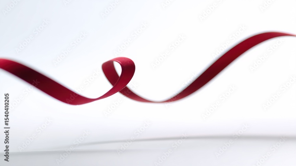 Poster elegant deep-red ribbon gracefully twisting and looping in mid-air against a stark white background,