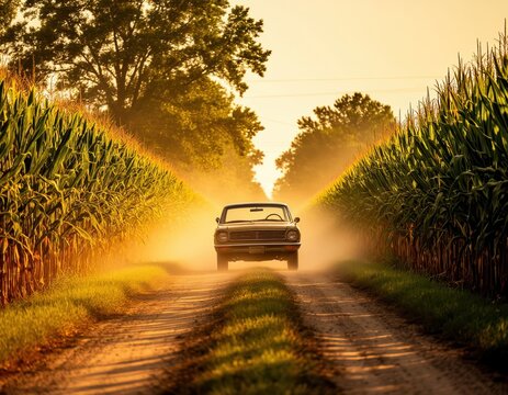 Fototapeta Vintage car driving between tall cornfields on dusty road.