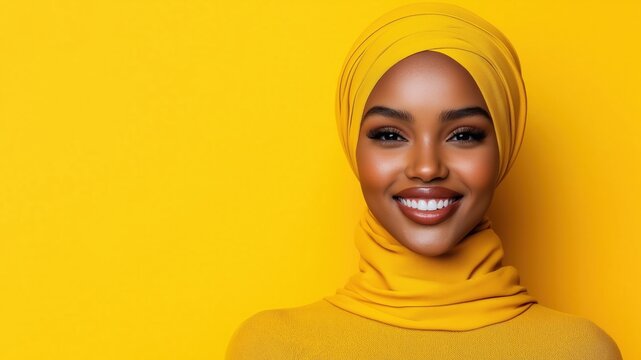 Portrait of a smiling woman in yellow hijab with vibrant background - Powered by Adobe