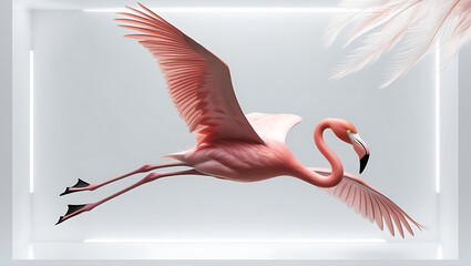 Hyperrealistic single flamingo bird in full flight, side profile, on a white transparent backdrop