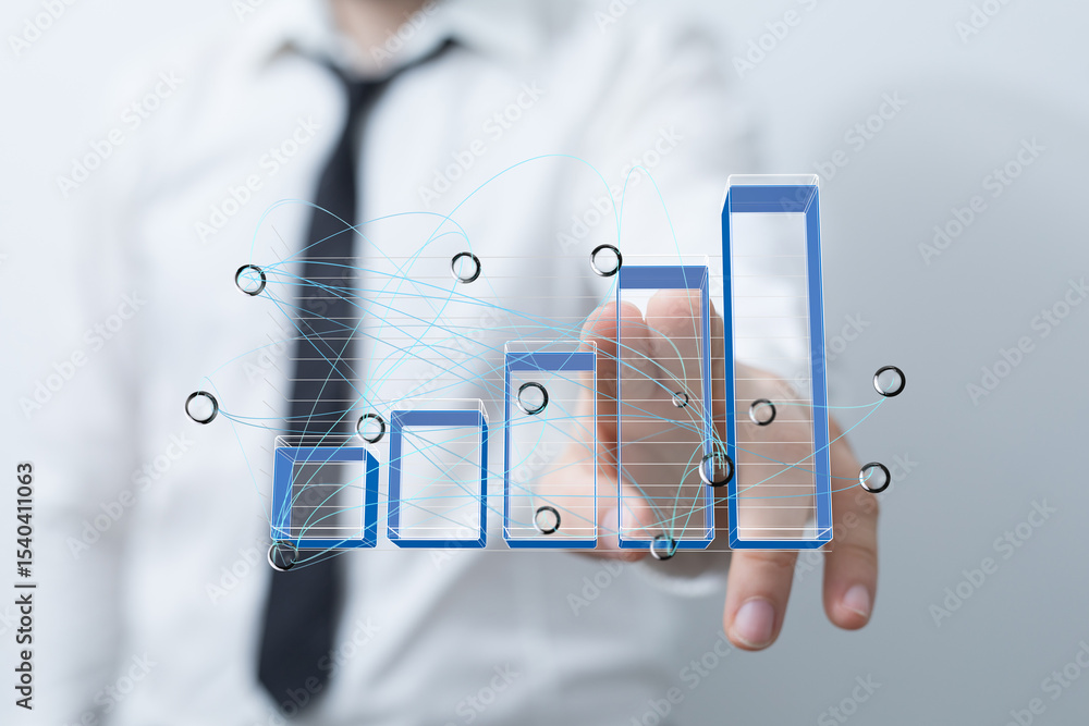 Poster A businessman interacts with a 3D bar chart, visualizing data growth and connections.