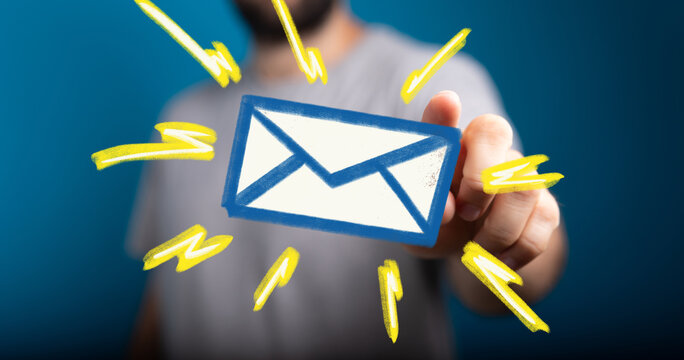 Person holding digital email icon.  Fast, secure messaging concept.