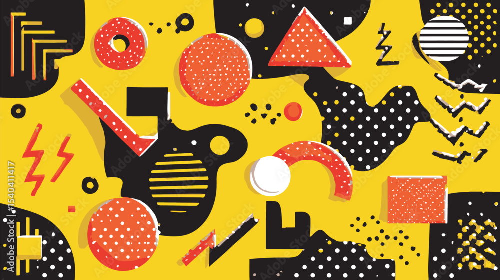 Poster abstract shapes scatter across colorful geometric backdrop generating visual interest