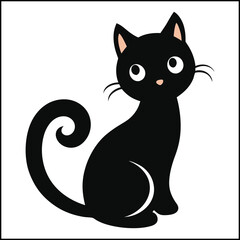 Black sitting cat with curled tail