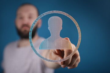 Person interacting with a digital profile icon. Concept for online identity, security, and user...