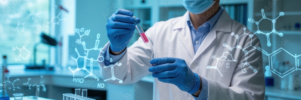 Poster scientist conducting a lab experiment with a test tube.