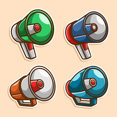 Collection of megaphone speakers in various colors and shapes