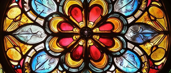 Close up of colorful stained glass rose window with intricate floral pattern, featuring red, blue, yellow, and gold hues, symbolizing religious art and architecture