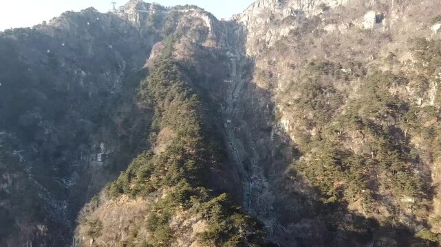 Aerial view of the steps leading up Mount Tai (Taishan Mountain) in China