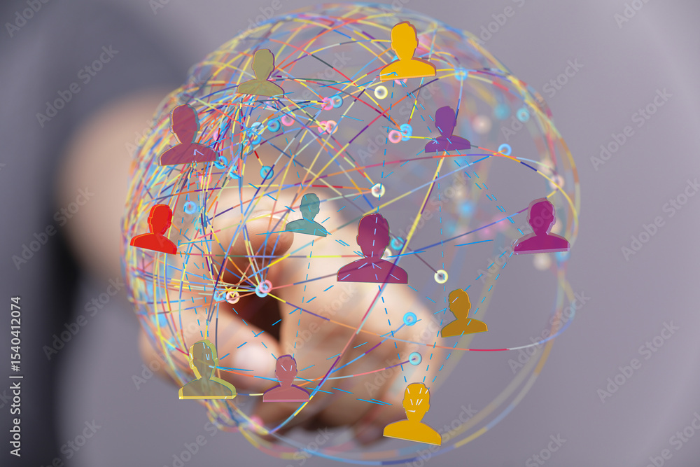 Poster image of a global network, showcasing interconnected people via technology. ideal for business, comm