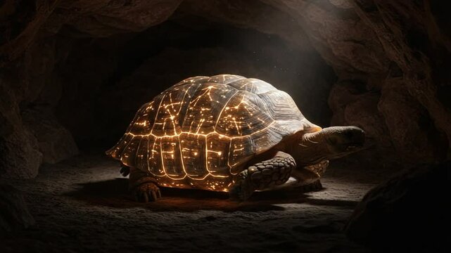 Illuminated tortoise in a cave with sparkling shell