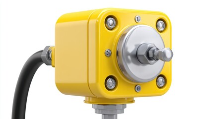 Fuel energy spray concept. Industrial yellow device with a metallic component, likely a sensor or control unit, featuring bolts and a cable attachment.