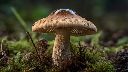 Close-Up of Forest Mushroom with Dew on Cap Amid Moss